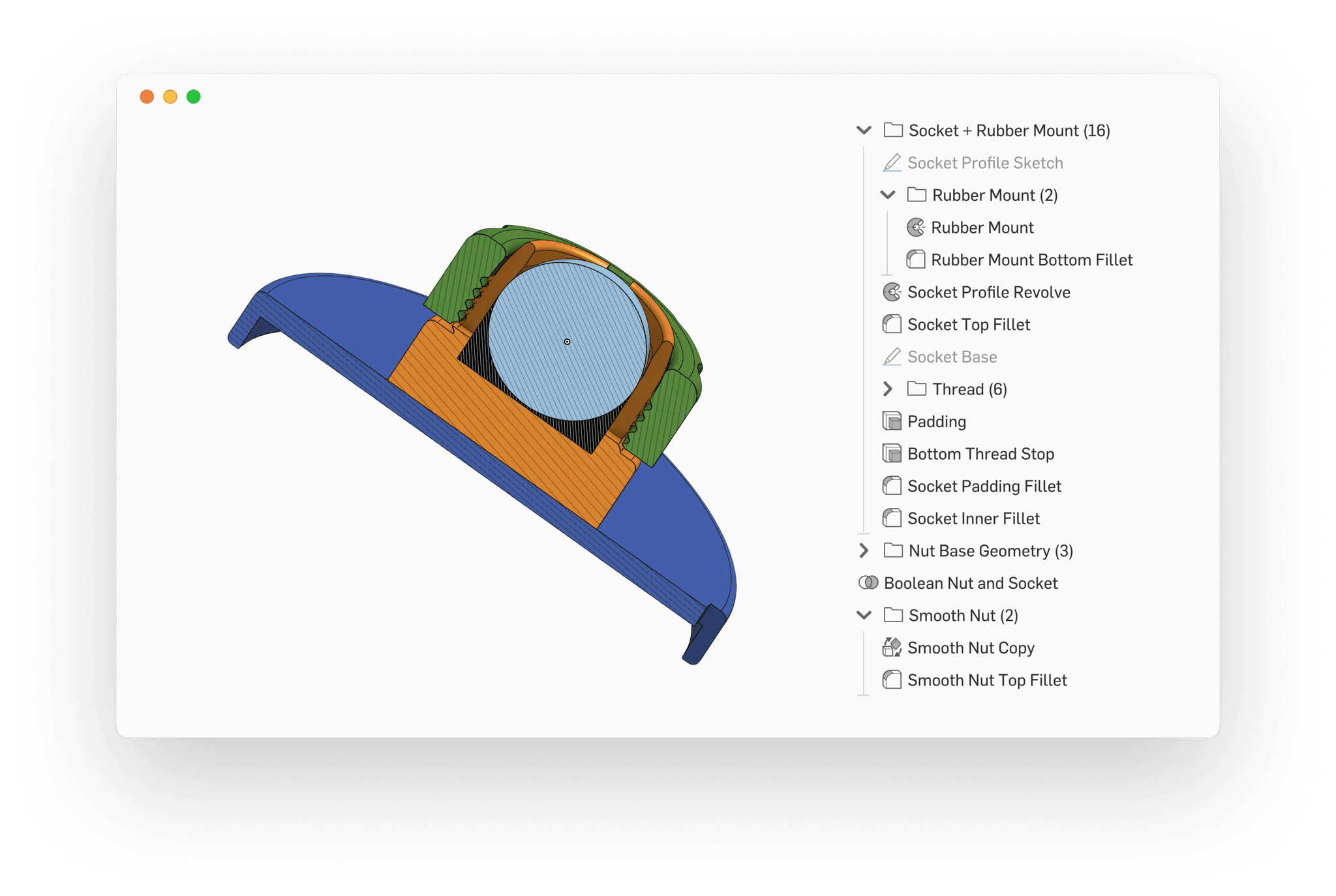Adam Copilot CAD workspace showing a snap-fit housing model and feature tree